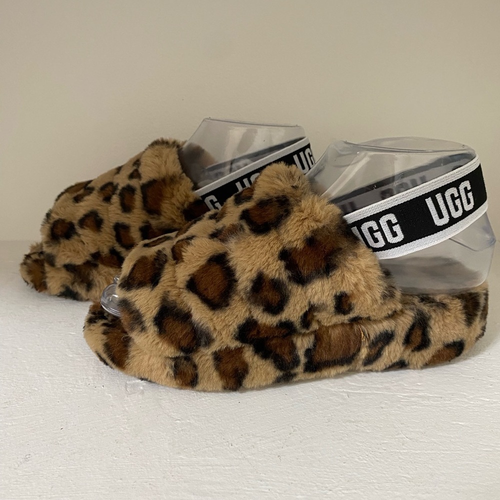 UGG Tan and Black Fuzzy Animal Print Slippers